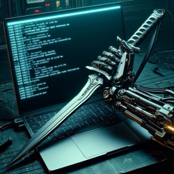 A robot arm holding a robotic sword over a laptop representing Offensive Security