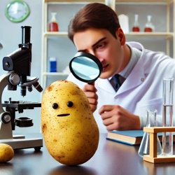 This is an image of a scientist examining a potato.