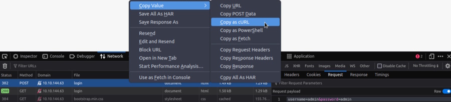 Copy Login Request as cURL