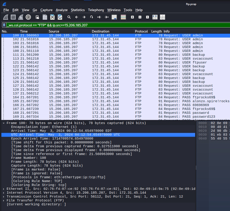 Relevant section of the .pcap file showing the answer to task 4