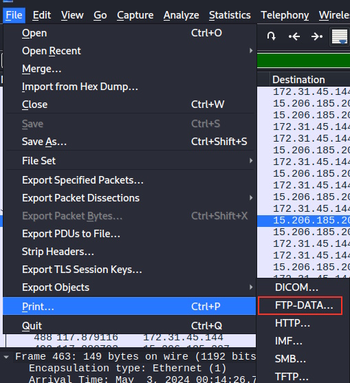 The Wireshark Menu options to export the files