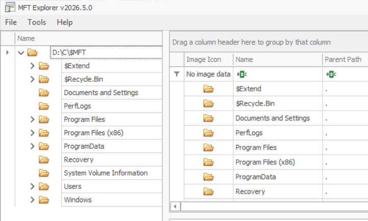 The Disk Image in MFT Explorer
