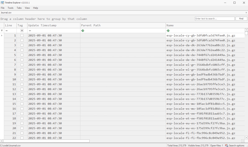 Timeline Explorer after Opening Journal.csv