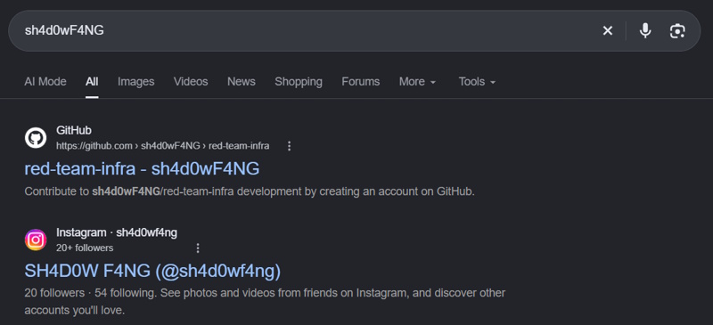 Results of a Google search for the username sh4d0wF4NG